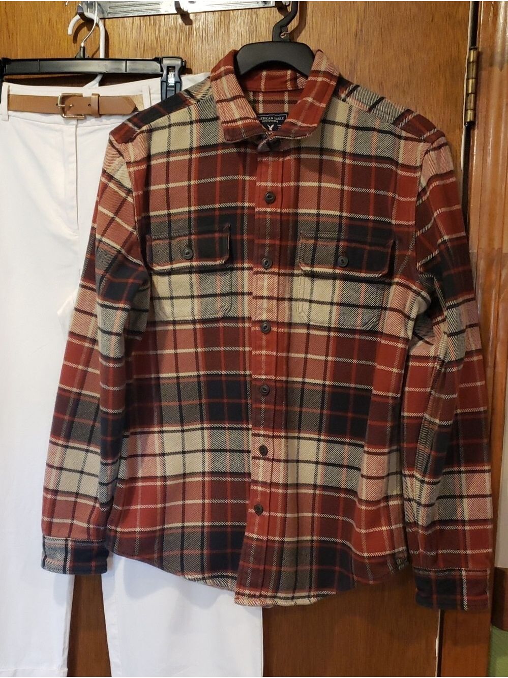 American Eagle Outfitters Brick Redish Rust Orange Plaid Heavy Flannel/Shacket - Picture 9 of 9